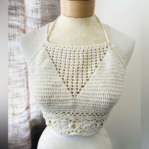 Crocheted Cream Opened-Back Cropped Top S